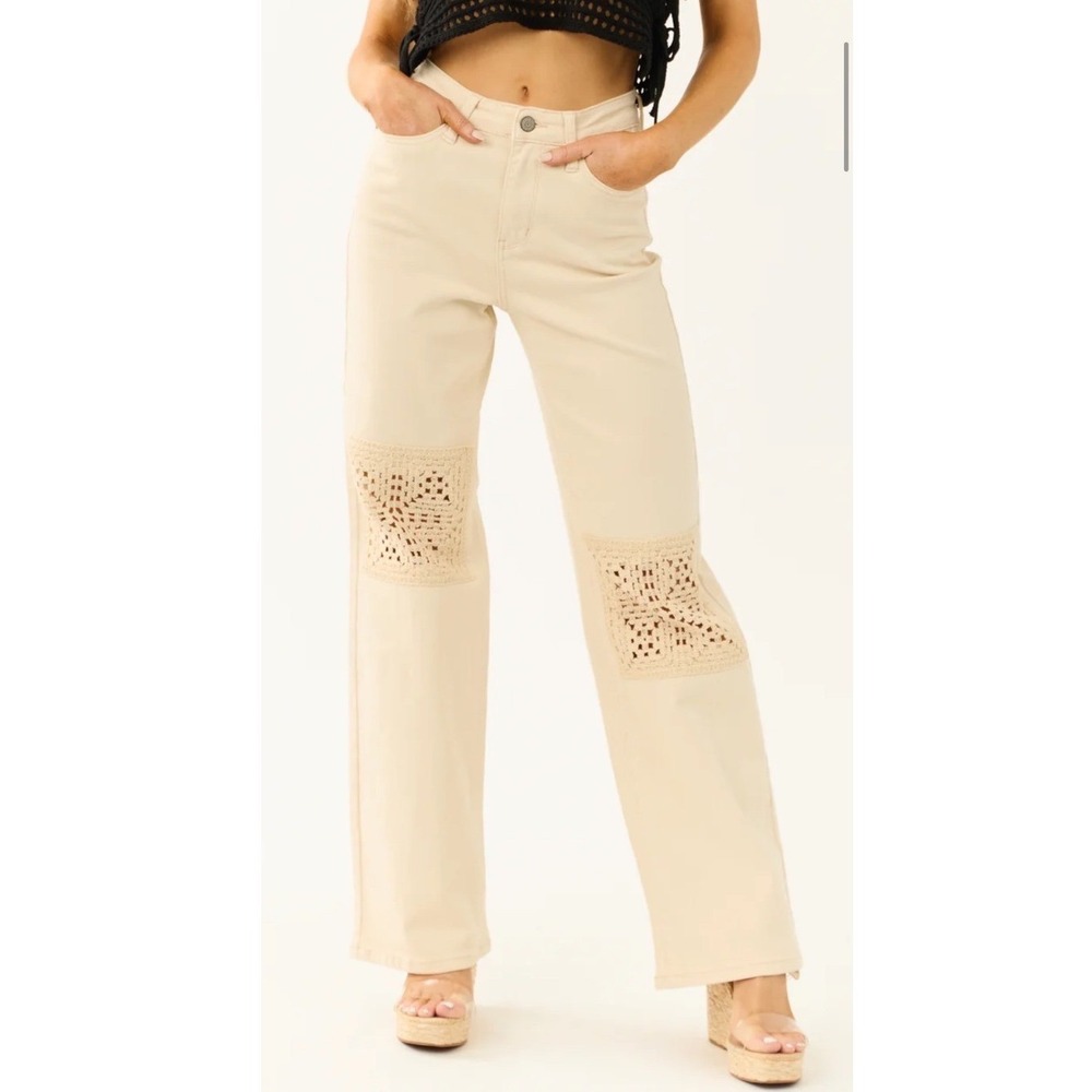 Judy Blue Cream Wide Leg Crochet Patchwork Jeans‎ - Size 15/32